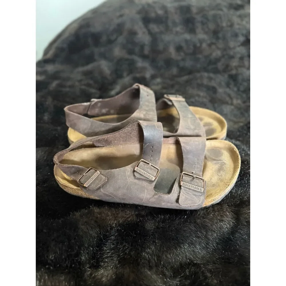 Birkenstock Brown Leather Two-Strap Sandals with Buckles